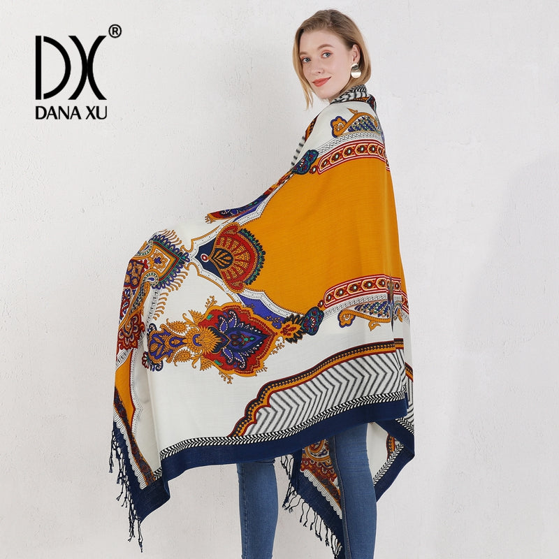 DANA XU 100% Merino Wool Extra Large Pashmina Blanket Travel Scarf Cashmere Wrap for Women Fall Winter Oversize Shawl Floral