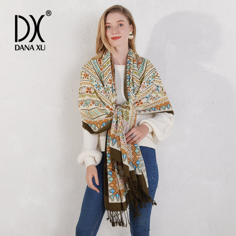 DANA XU 100% Merino Wool Extra Large Pashmina Blanket Travel Scarf Cashmere Wrap for Women Fall Winter Oversize Shawl Floral