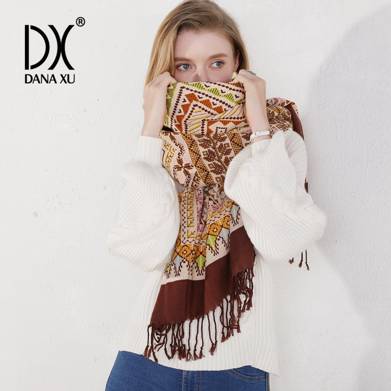 DANA XU 100% Merino Wool Extra Large Pashmina Blanket Travel Scarf Cashmere Wrap for Women Fall Winter Oversize Shawl Floral