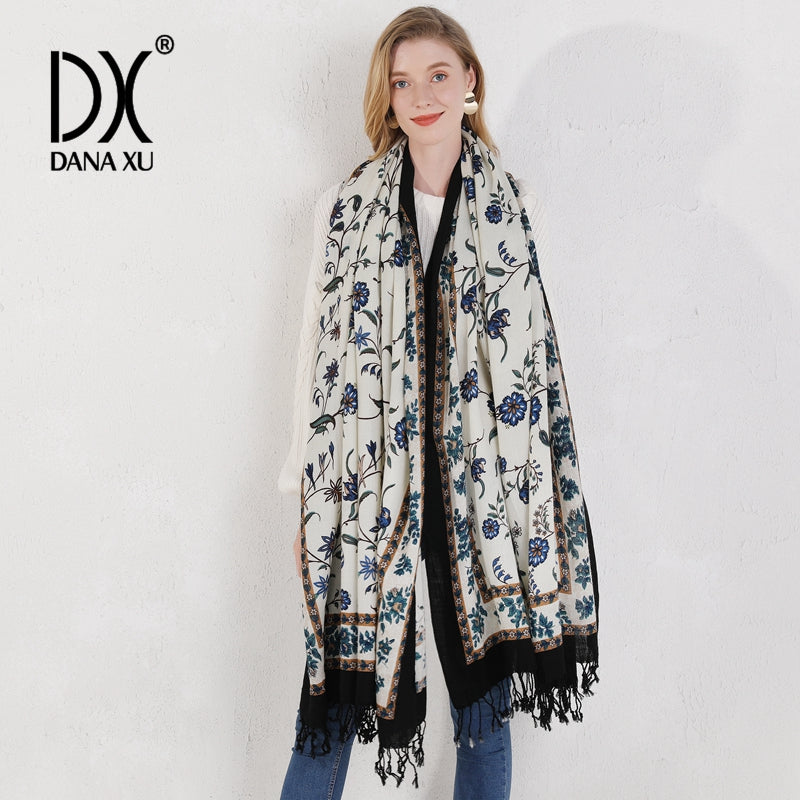 DANA XU 100% Merino Wool Extra Large Pashmina Blanket Travel Scarf Cashmere Wrap for Women Fall Winter Oversize Shawl Floral