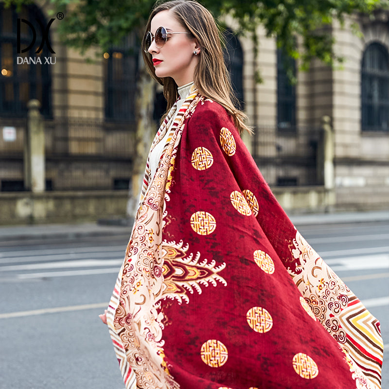 DANA XU 100% Merino Wool Extra Large Pashmina Blanket Travel Scarf Cashmere Wrap for Women Fall Winter Oversize Shawl Floral