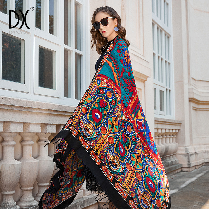 DANA XU 100% Merino Wool Extra Large Pashmina Blanket Travel Scarf Cashmere Wrap for Women Fall Winter Oversize Shawl Floral