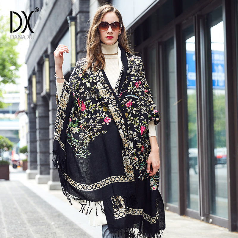 DANA XU 100% Merino Wool Extra Large Pashmina Blanket Travel Scarf Cashmere Wrap for Women Fall Winter Oversize Shawl Floral