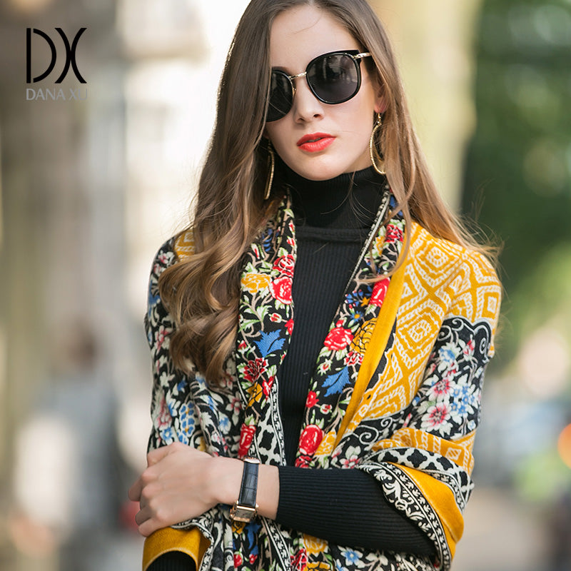 DANA XU 100% Merino Wool Extra Large Pashmina Blanket Travel Scarf Cashmere Wrap for Women Fall Winter Oversize Shawl Floral