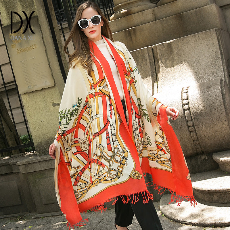 DANA XU 100% Merino Wool Extra Large Pashmina Blanket Travel Scarf Cashmere Wrap for Women Fall Winter Oversize Shawl Floral
