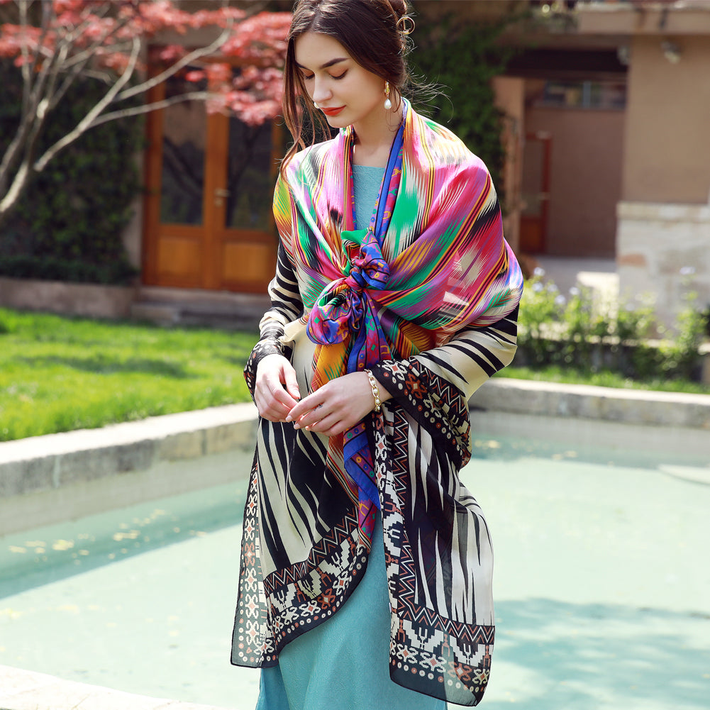 DANA XU Women's 100% Mulberry Satin Silk Pashmina Shawl Wraps Extra Large Floral Scarf for Evening Dresses, Soft Oversized