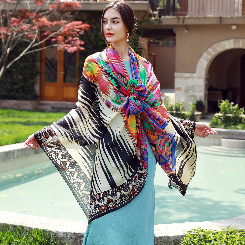 DANA XU Women's 100% Mulberry Satin Silk Pashmina Shawl Wraps Extra Large Floral Scarf for Evening Dresses, Soft Oversized