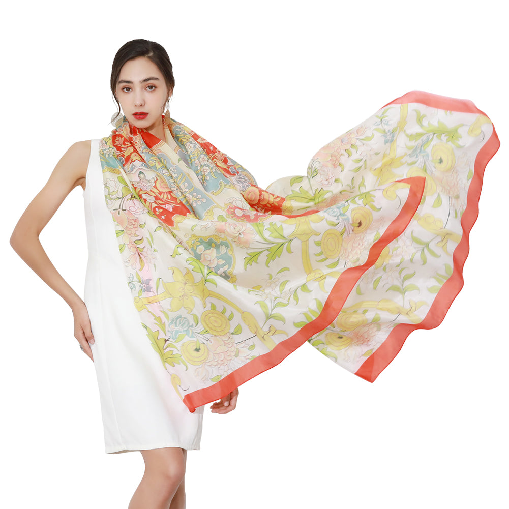 DANA XU Women's 100% Mulberry Satin Silk Pashmina Shawl Wraps Extra Large Floral Scarf for Evening Dresses, Soft Oversized