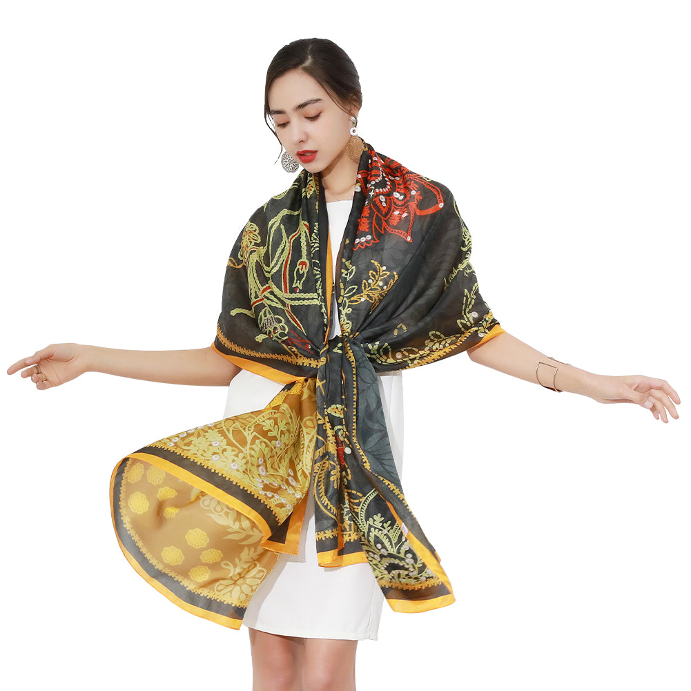 DANA XU Women's 100% Mulberry Satin Silk Pashmina Shawl Wraps Extra Large Floral Scarf for Evening Dresses, Soft Oversized