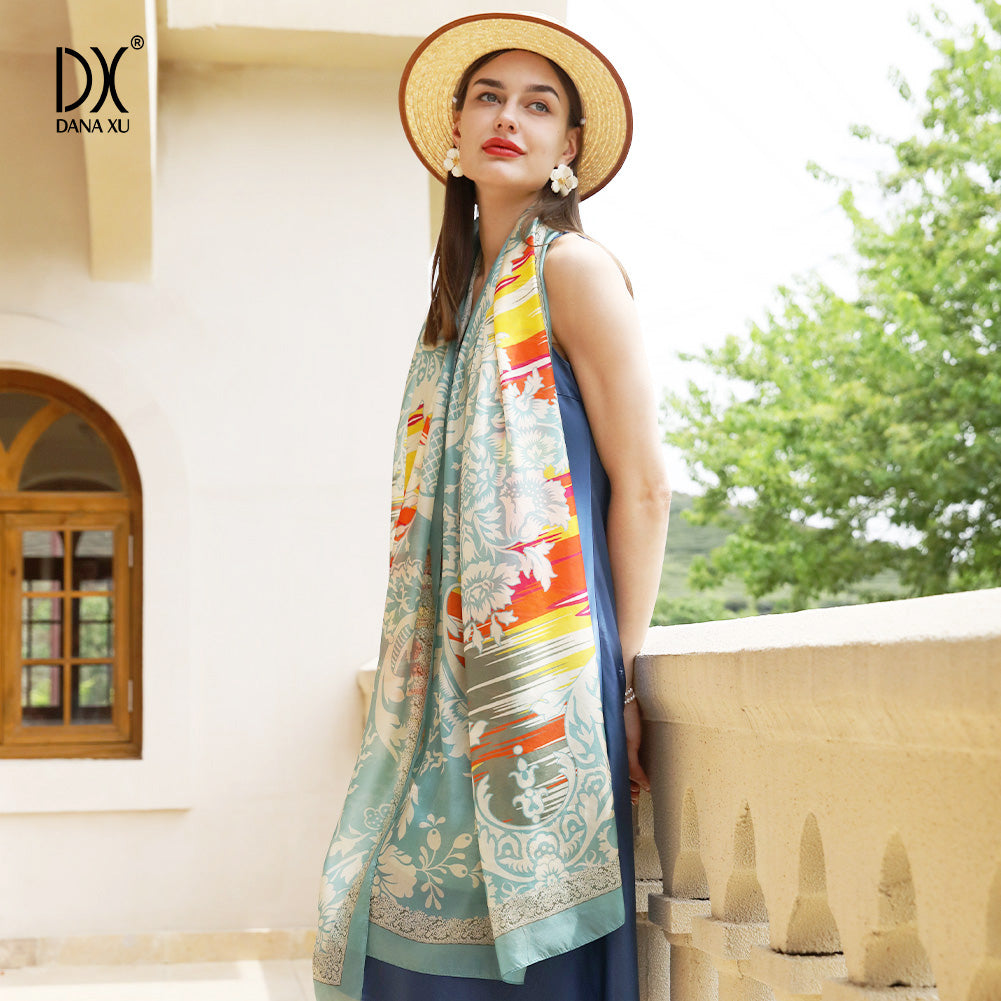 DANA XU Women's 100% Mulberry Satin Silk Pashmina Shawl Wraps Extra Large Floral Scarf for Evening Dresses, Soft Oversized