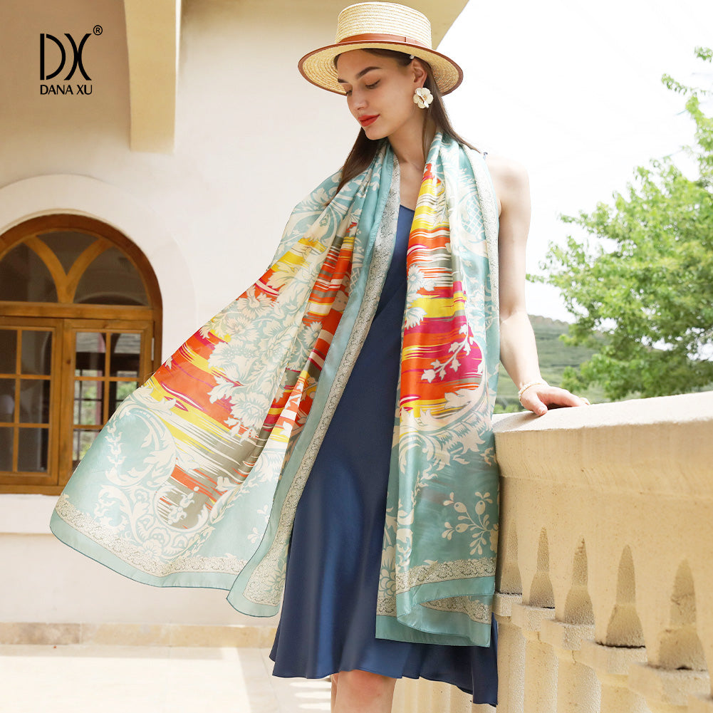 DANA XU Women's 100% Mulberry Satin Silk Pashmina Shawl Wraps Extra Large Floral Scarf for Evening Dresses, Soft Oversized