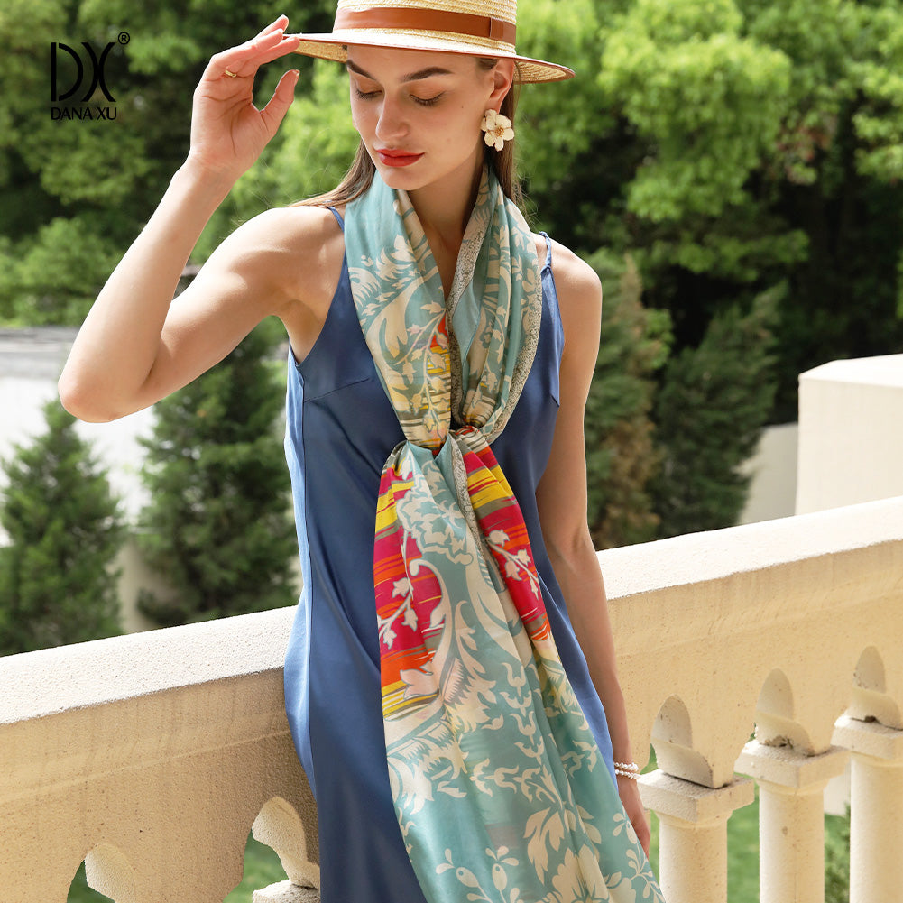 DANA XU Women's 100% Mulberry Satin Silk Pashmina Shawl Wraps Extra Large Floral Scarf for Evening Dresses, Soft Oversized