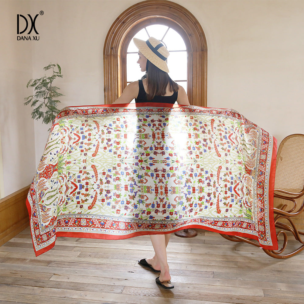 DANA XU Women's 100% Mulberry Satin Silk Pashmina Shawl Wraps Extra Large Floral Scarf for Evening Dresses, Soft Oversized