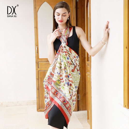 DANA XU Women's 100% Mulberry Satin Silk Pashmina Shawl Wraps Extra Large Floral Scarf for Evening Dresses, Soft Oversized