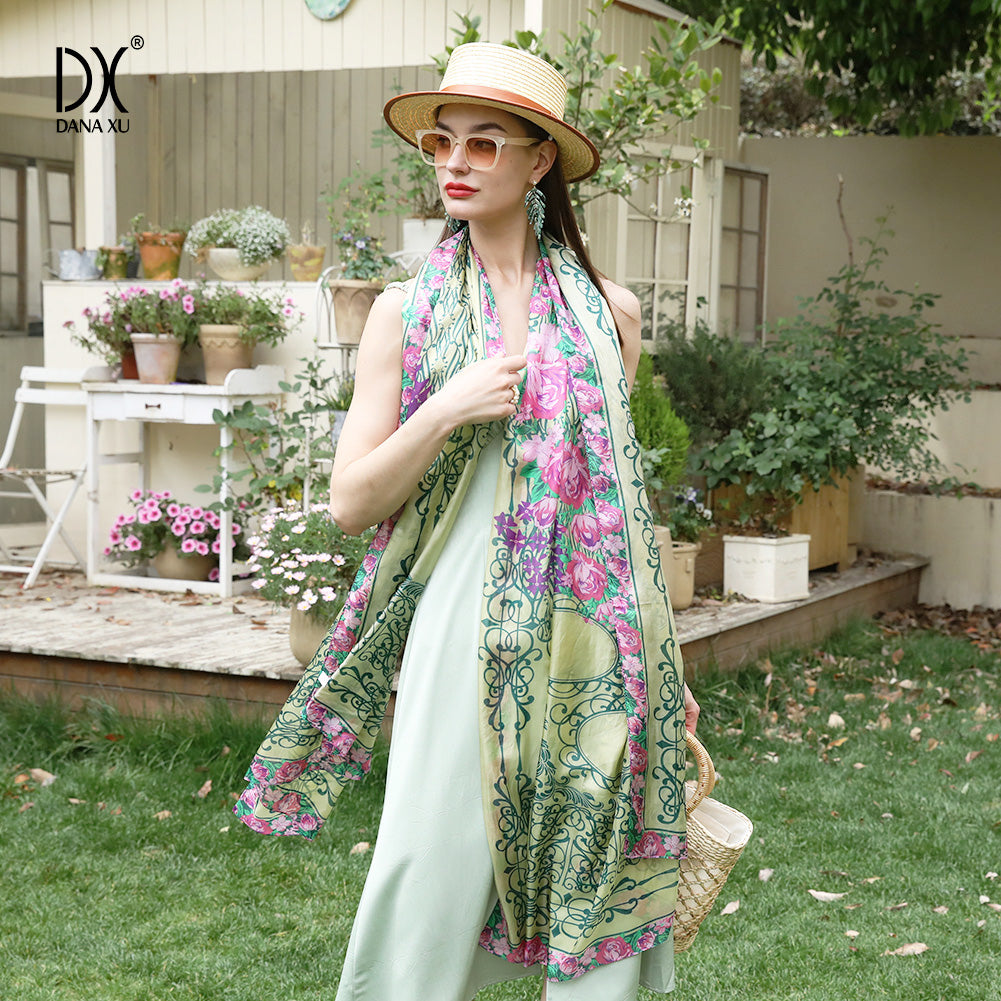DANA XU Women's 100% Mulberry Satin Silk Pashmina Shawl Wraps Extra Large Floral Scarf for Evening Dresses, Soft Oversized