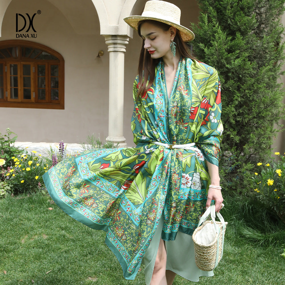 DANA XU Women's 100% Mulberry Satin Silk Pashmina Shawl Wraps Extra Large Floral Scarf for Evening Dresses, Soft Oversized