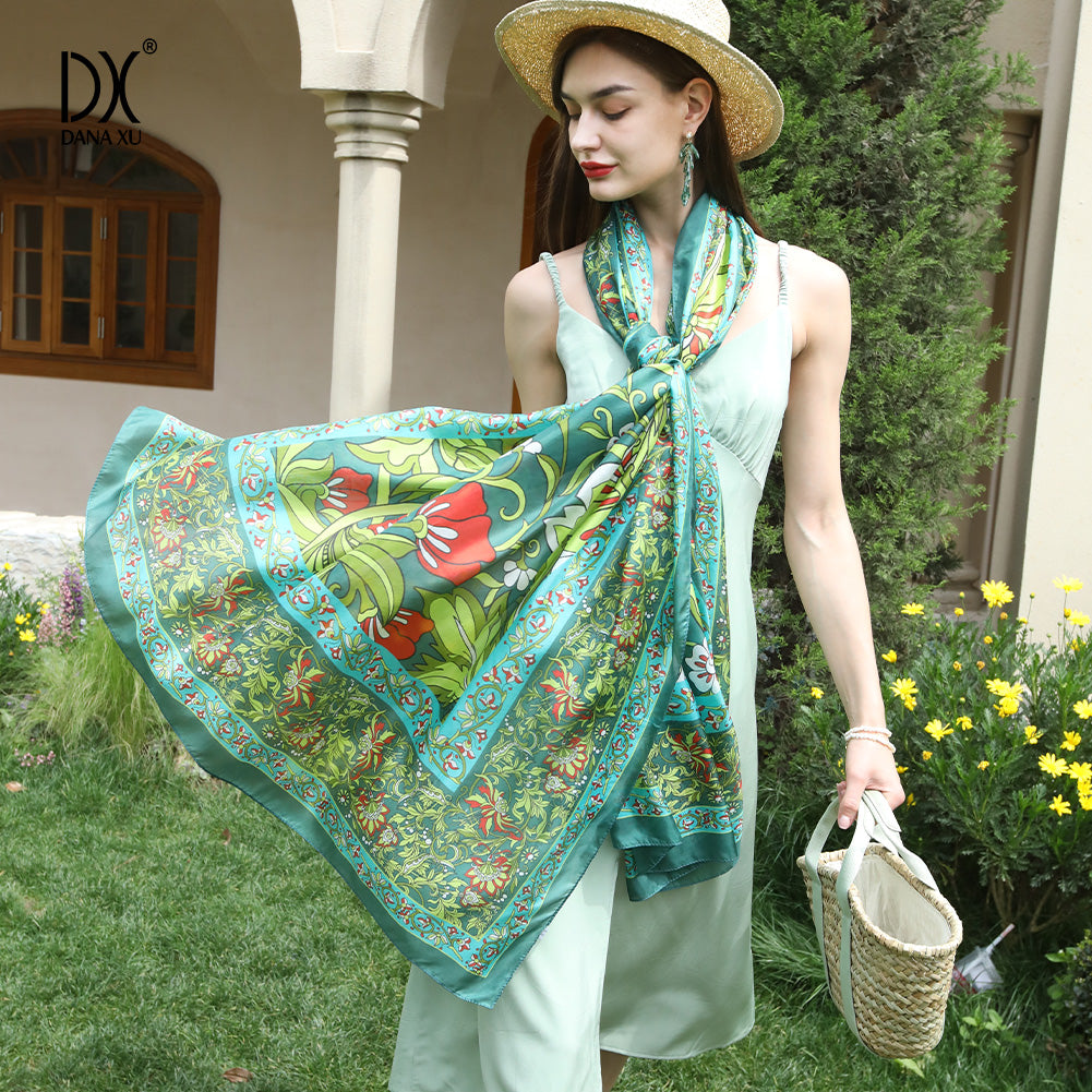 DANA XU Women's 100% Mulberry Satin Silk Pashmina Shawl Wraps Extra Large Floral Scarf for Evening Dresses, Soft Oversized