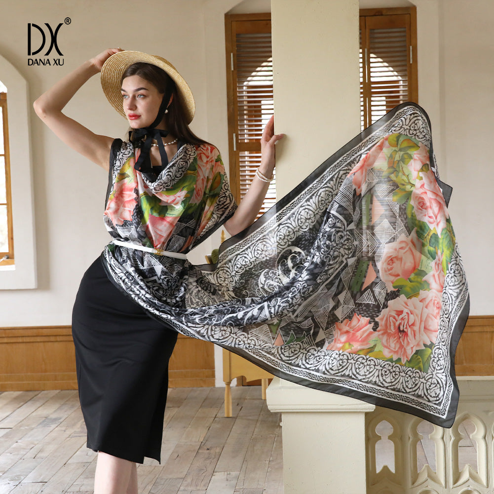 DANA XU Women's 100% Mulberry Satin Silk Pashmina Shawl Wraps Extra Large Floral Scarf for Evening Dresses, Soft Oversized