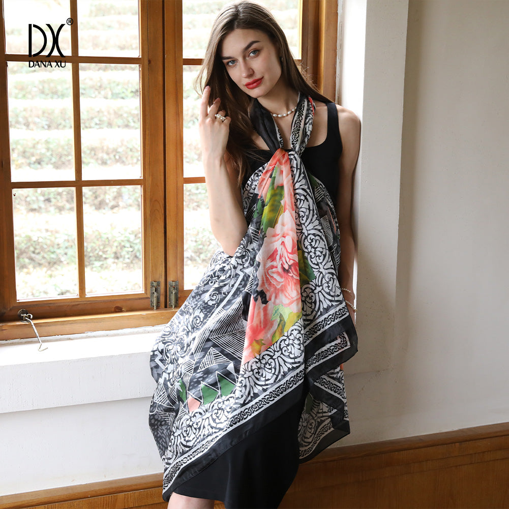 DANA XU Women's 100% Mulberry Satin Silk Pashmina Shawl Wraps Extra Large Floral Scarf for Evening Dresses, Soft Oversized