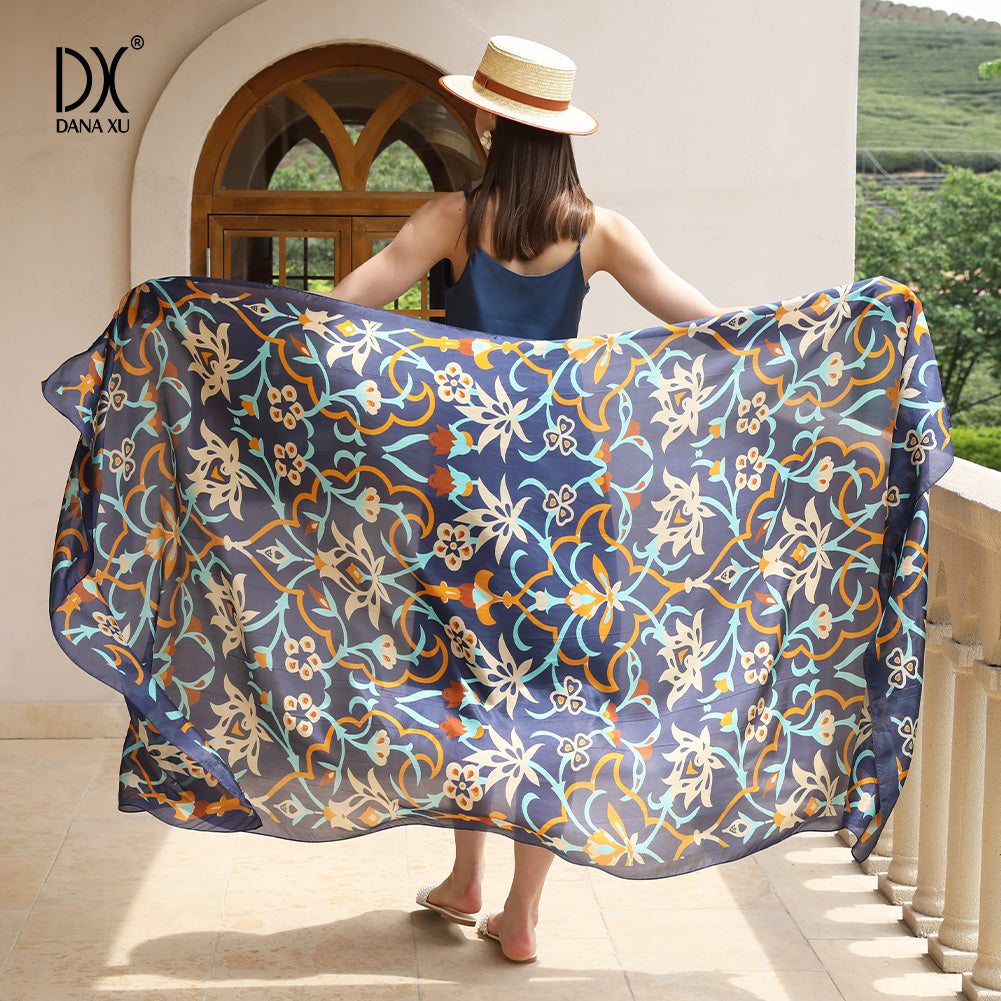 DANA XU Women's 100% Mulberry Satin Silk Pashmina Shawl Wraps Extra Large Floral Scarf for Evening Dresses, Soft Oversized