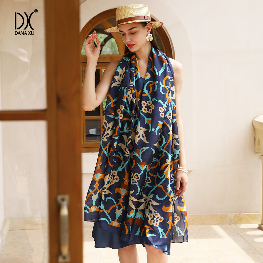 DANA XU Women's 100% Mulberry Satin Silk Pashmina Shawl Wraps Extra Large Floral Scarf for Evening Dresses, Soft Oversized