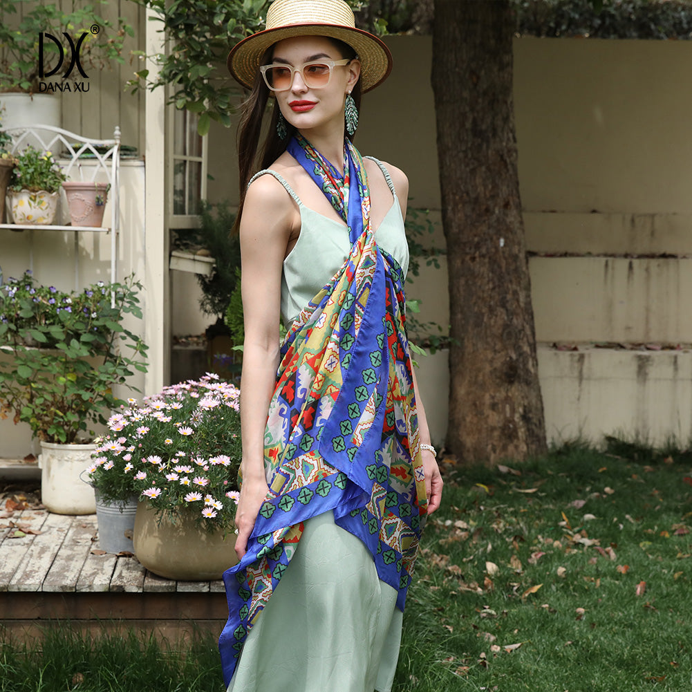 DANA XU Women's 100% Mulberry Satin Silk Pashmina Shawl Wraps Extra Large Floral Scarf for Evening Dresses, Soft Oversized