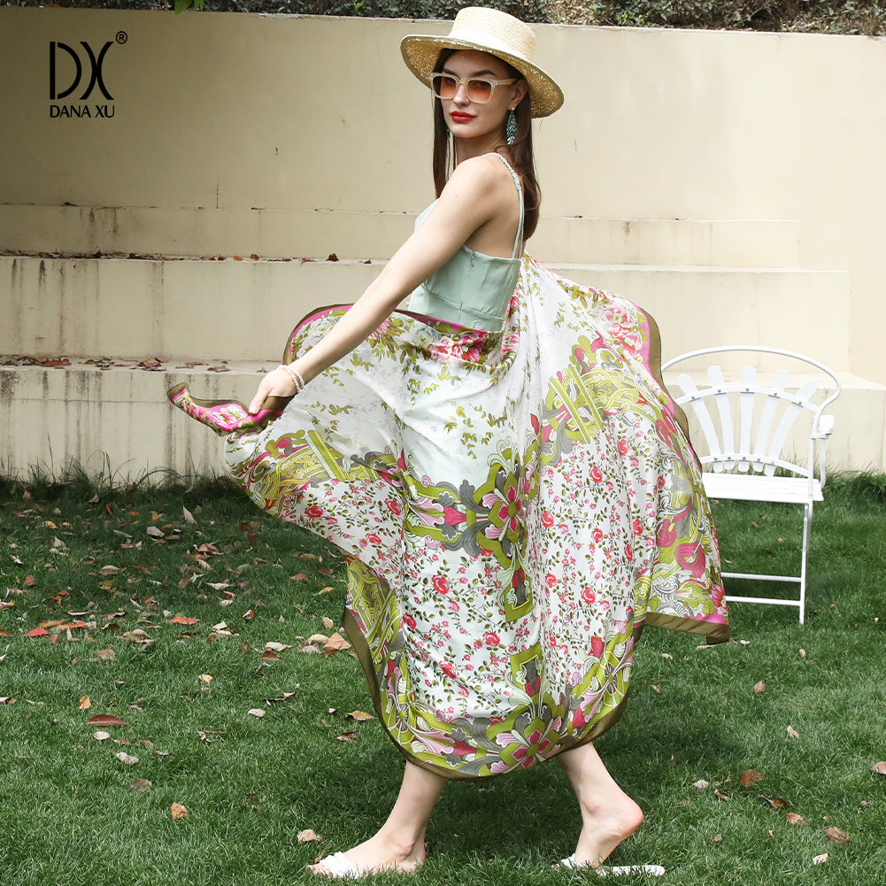 DANA XU Women's 100% Mulberry Satin Silk Pashmina Shawl Wraps Extra Large Floral Scarf for Evening Dresses, Soft Oversized