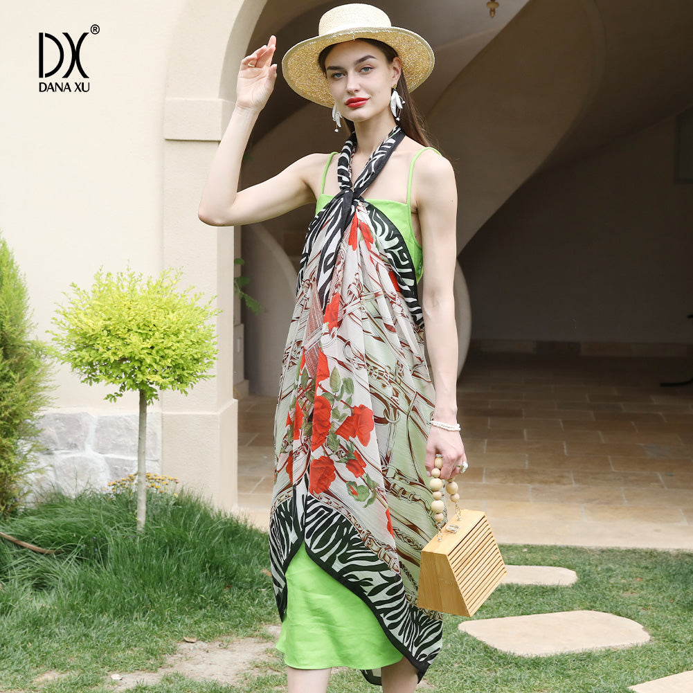 DANA XU Women's 100% Mulberry Satin Silk Pashmina Shawl Wraps Extra Large Floral Scarf for Evening Dresses, Soft Oversized