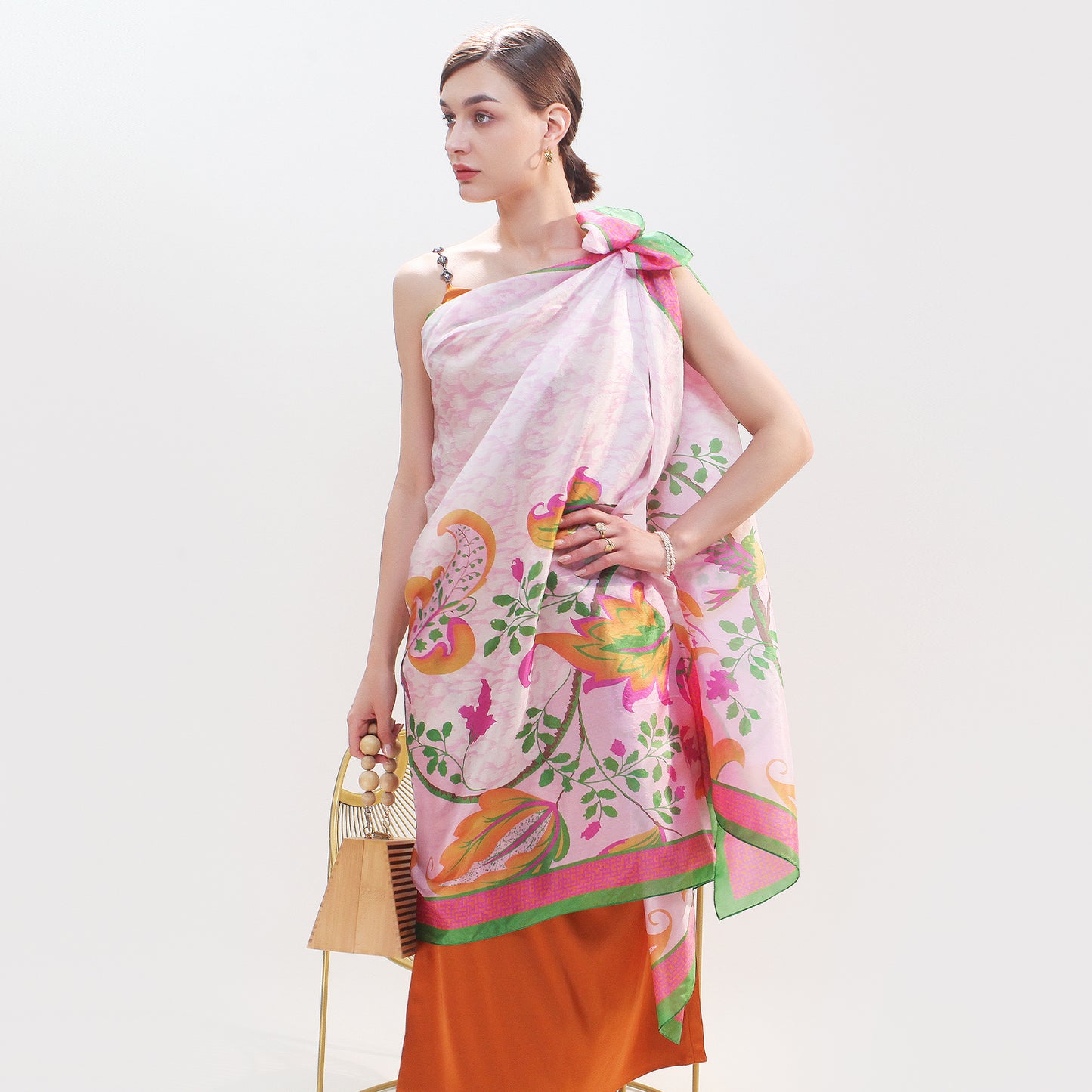 DANA XU Women's 100% Mulberry Satin Silk Pashmina Shawl Wraps Extra Large Floral Scarf for Evening Dresses, Soft Oversized