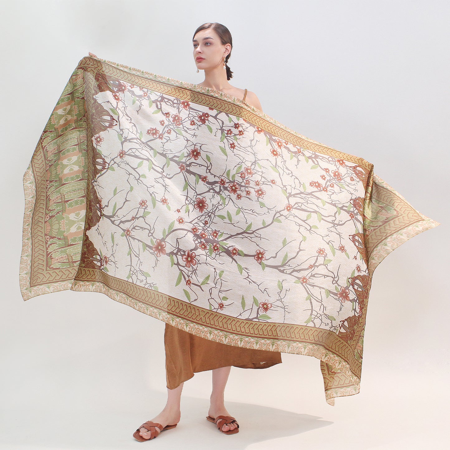 DANA XU Women's 100% Mulberry Satin Silk Pashmina Shawl Wraps Extra Large Floral Scarf for Evening Dresses, Soft Oversized