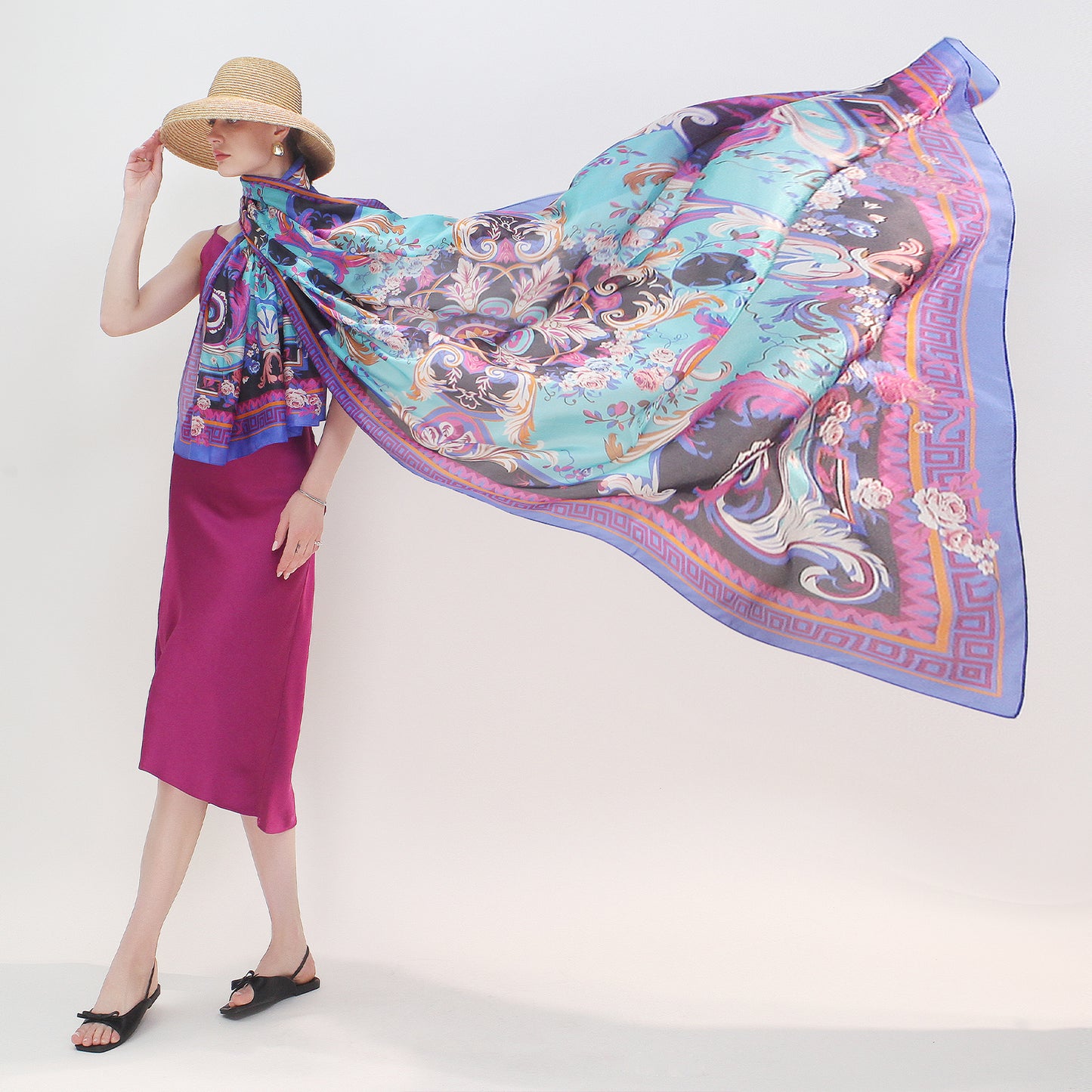 DANA XU Women's 100% Mulberry Satin Silk Pashmina Shawl Wraps Extra Large Floral Scarf for Evening Dresses, Soft Oversized