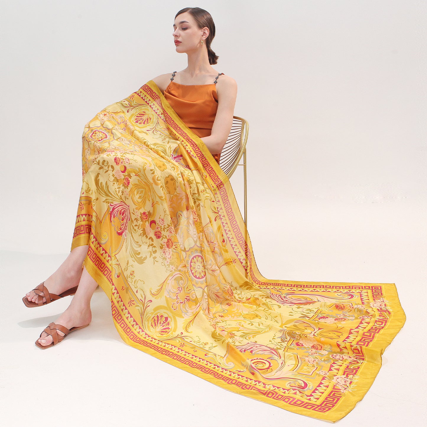 DANA XU Women's 100% Mulberry Satin Silk Pashmina Shawl Wraps Extra Large Floral Scarf for Evening Dresses, Soft Oversized