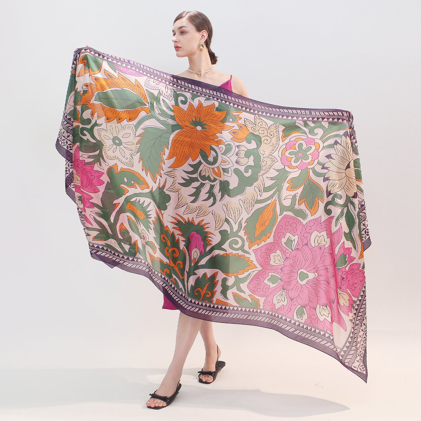 DANA XU Women's 100% Mulberry Satin Silk Pashmina Shawl Wraps Extra Large Floral Scarf for Evening Dresses, Soft Oversized