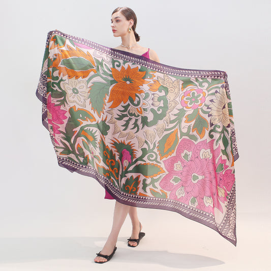 DANA XU Women's 100% Mulberry Satin Silk Pashmina Shawl Wraps Extra Large Floral Scarf for Evening Dresses, Soft Oversized