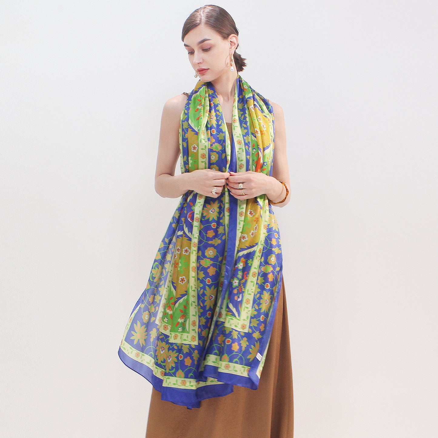 DANA XU Women's 100% Mulberry Satin Silk Pashmina Shawl Wraps Extra Large Floral Scarf for Evening Dresses, Soft Oversized