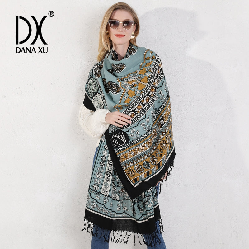 DANA XU 100% Merino Wool Extra Large Pashmina Blanket Travel Scarf Cashmere Wrap for Women Fall Winter Oversize Shawl Floral