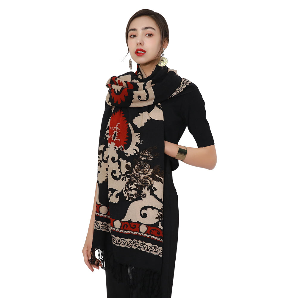 DANA XU 100% Merino Wool Extra Large Pashmina Blanket Travel Scarf Cashmere Wrap for Women Fall Winter Oversize Shawl Floral