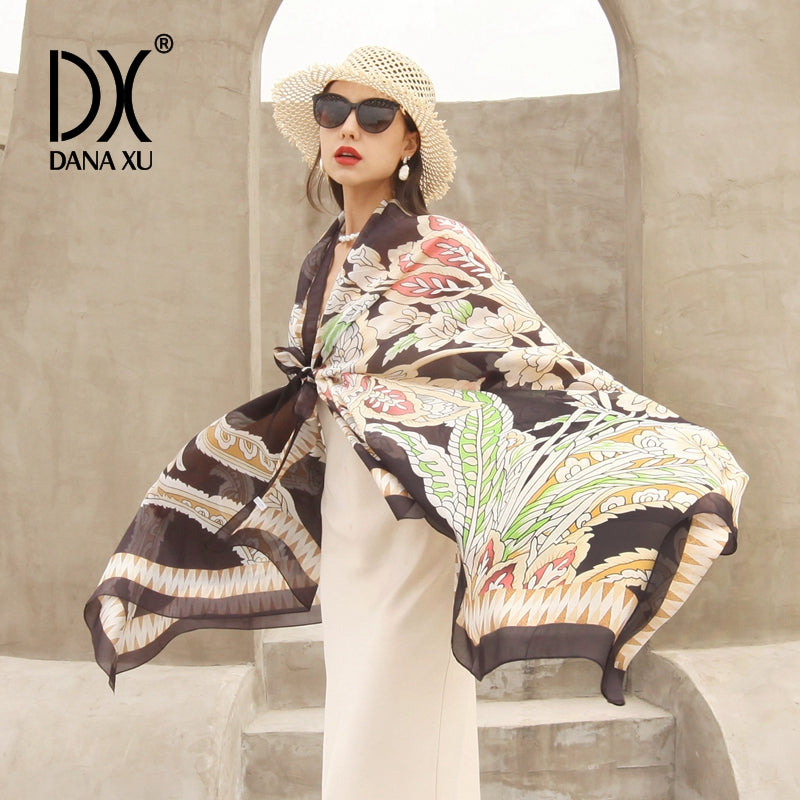 DANA XU Women's 100% Mulberry Satin Silk Pashmina Shawl Wraps Extra Large Floral Scarf for Evening Dresses, Soft Oversized