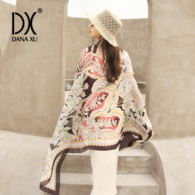 DANA XU Women's 100% Mulberry Satin Silk Pashmina Shawl Wraps Extra Large Floral Scarf for Evening Dresses, Soft Oversized