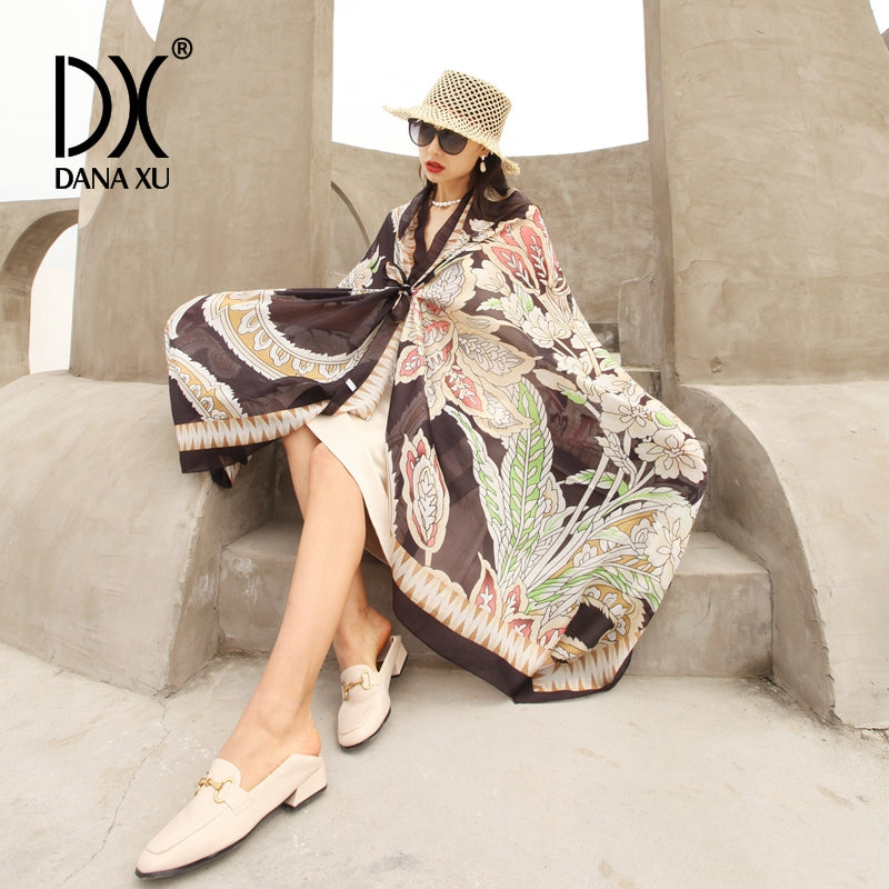 DANA XU Women's 100% Mulberry Satin Silk Pashmina Shawl Wraps Extra Large Floral Scarf for Evening Dresses, Soft Oversized