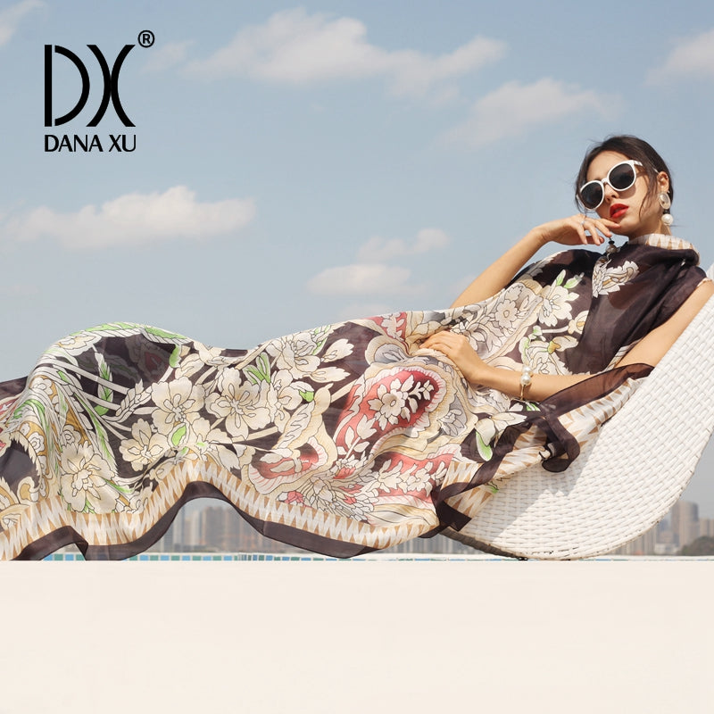 DANA XU Women's 100% Mulberry Satin Silk Pashmina Shawl Wraps Extra Large Floral Scarf for Evening Dresses, Soft Oversized