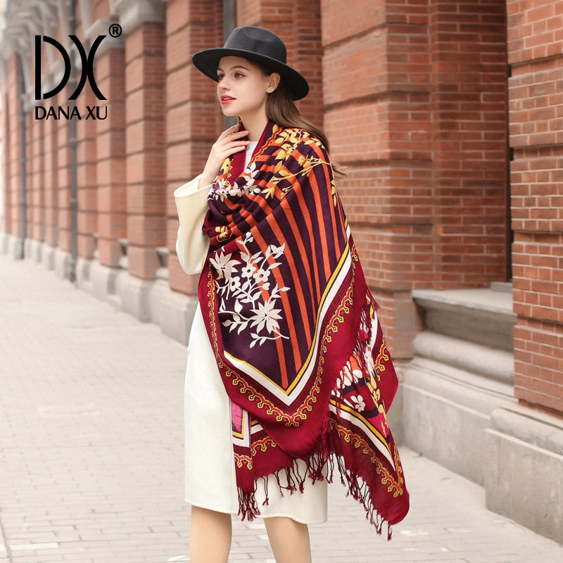DANA XU 100% Merino Wool Extra Large Pashmina Blanket Travel Scarf Cashmere Wrap for Women Fall Winter Oversize Shawl Floral