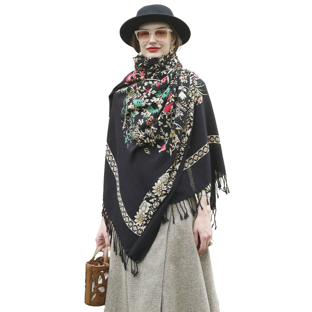 DANA XU 100% Merino Wool Extra Large Pashmina Blanket Travel Scarf Cashmere Wrap for Women Fall Winter Oversize Shawl Floral