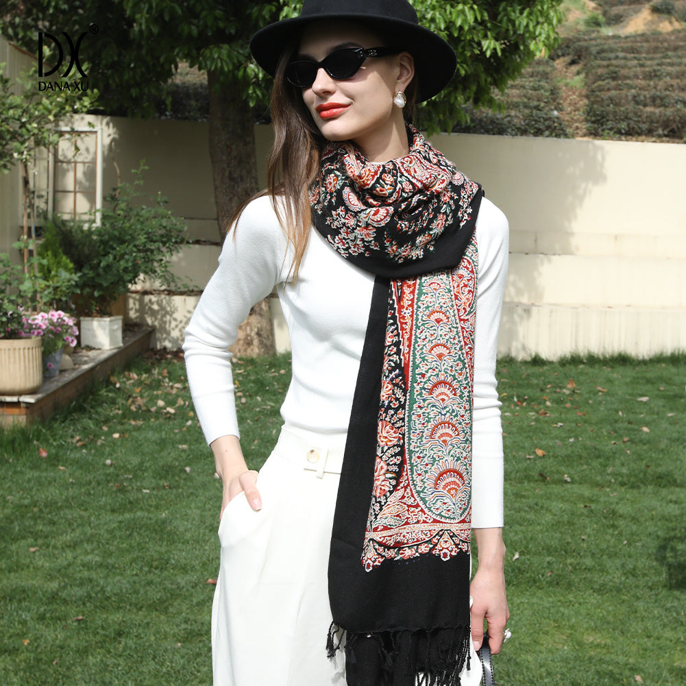 DANA XU 100% Merino Wool Extra Large Pashmina Blanket Travel Scarf Cashmere Wrap for Women Fall Winter Oversize Shawl Floral