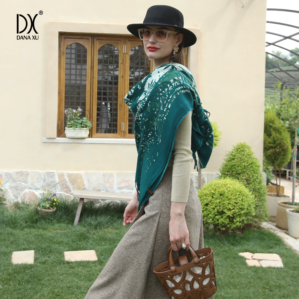 DANA XU 100% Merino Wool Extra Large Pashmina Blanket Travel Scarf Cashmere Wrap for Women Fall Winter Oversize Shawl Floral