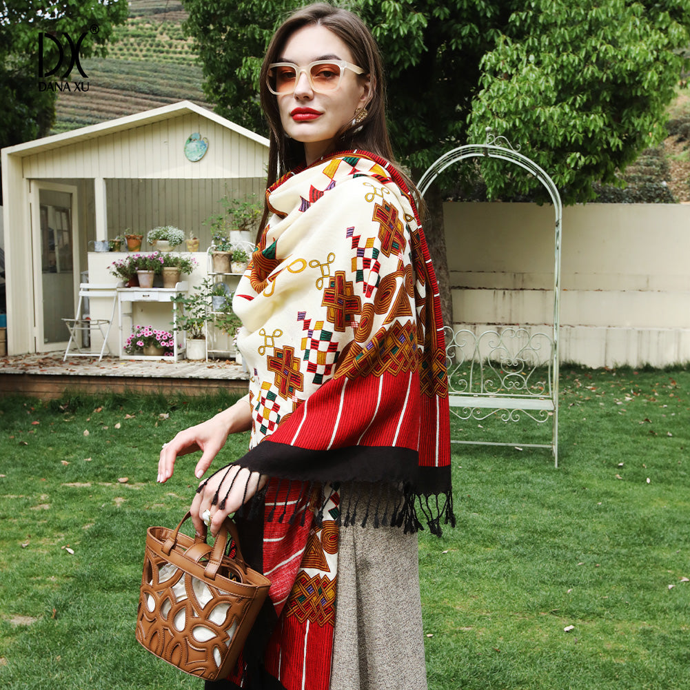 DANA XU 100% Merino Wool Extra Large Pashmina Blanket Travel Scarf Cashmere Wrap for Women Fall Winter Oversize Shawl Floral