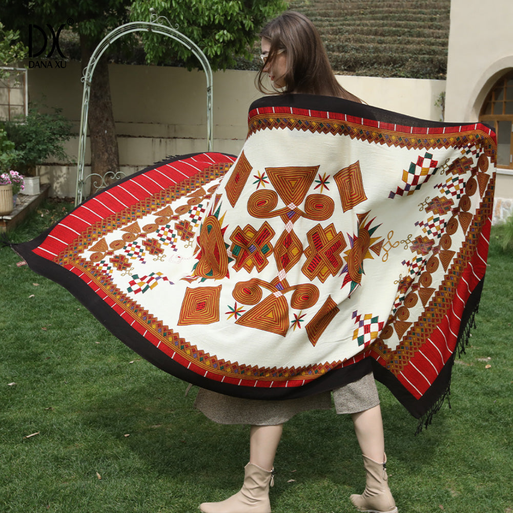 DANA XU 100% Merino Wool Extra Large Pashmina Blanket Travel Scarf Cashmere Wrap for Women Fall Winter Oversize Shawl Floral