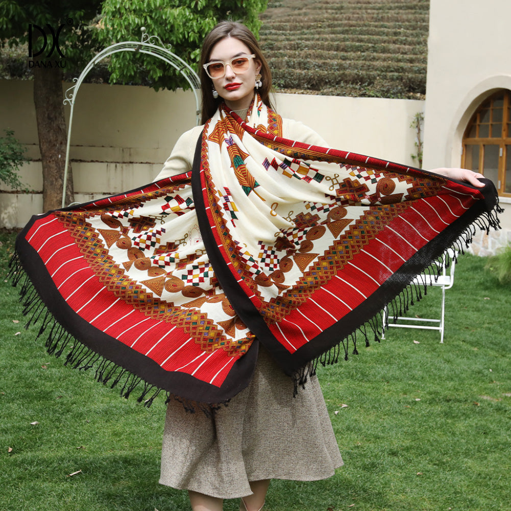 DANA XU 100% Merino Wool Extra Large Pashmina Blanket Travel Scarf Cashmere Wrap for Women Fall Winter Oversize Shawl Floral