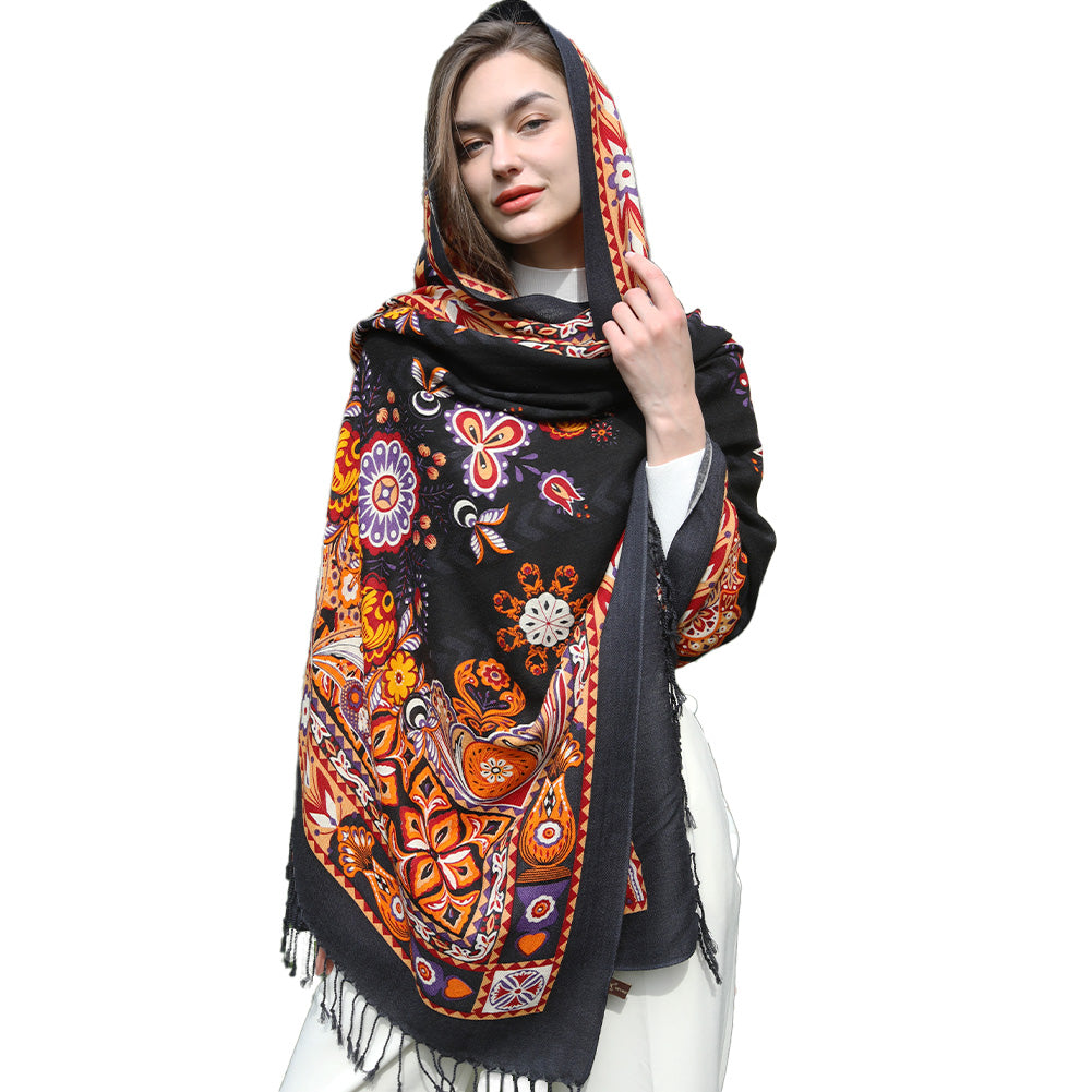 DANA XU 100% Merino Wool Extra Large Pashmina Blanket Travel Scarf Cashmere Wrap for Women Fall Winter Oversize Shawl Floral