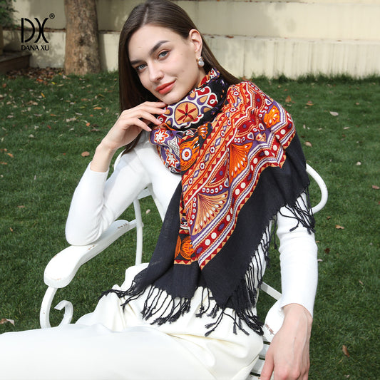 DANA XU 100% Merino Wool Extra Large Pashmina Blanket Travel Scarf Cashmere Wrap for Women Fall Winter Oversize Shawl Floral